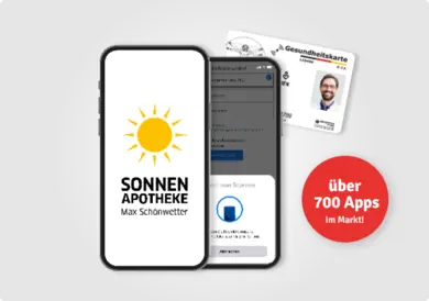 Produktabbildung der WAVE App auf einem Smartphone, neben einer Gesundheitskarte und dem Hinweis