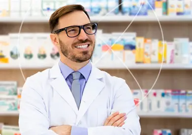 Ein lächelnder Apotheker mit Brille und verschränkten Armen steht in einer Apotheke.